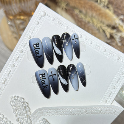 Artistic Press-On Nail Set with Gothic Feather and Cross Design Acalora