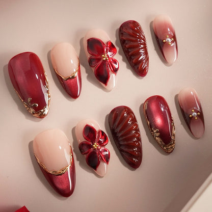 Decorative Press-On Nail Art Set with Floral and Glossy Accents Acalora