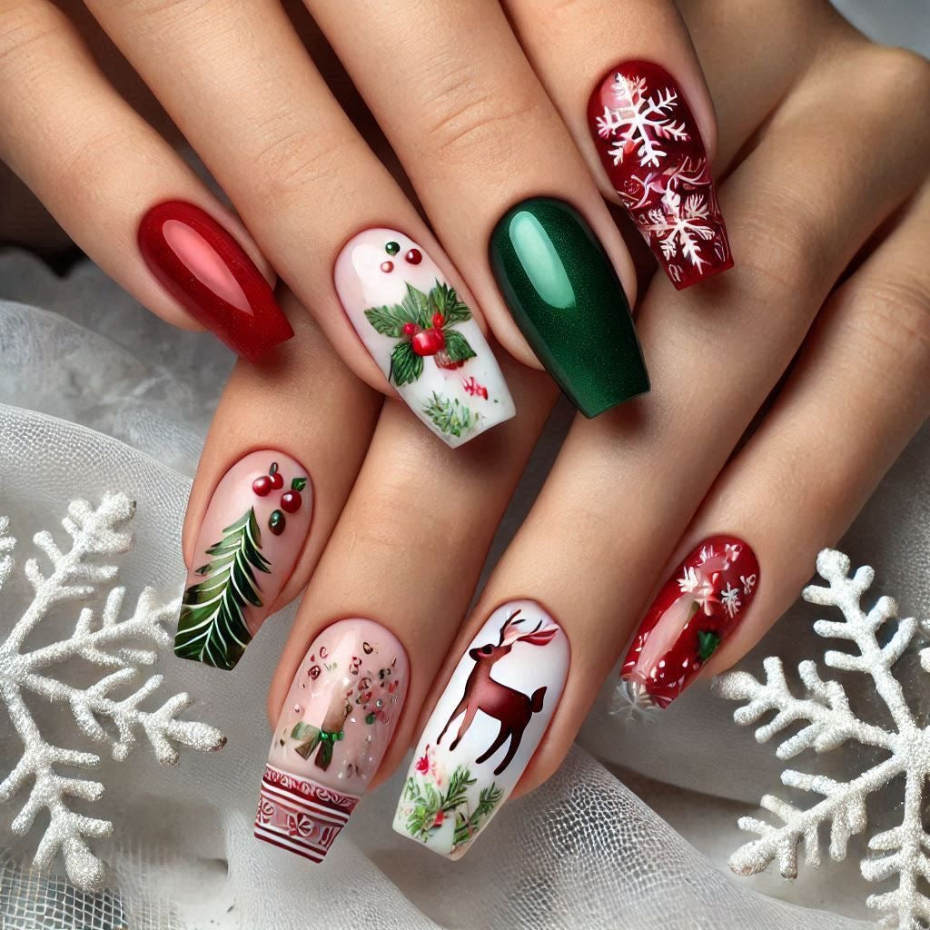 Artificial nails with festive Christmas designs Acalora