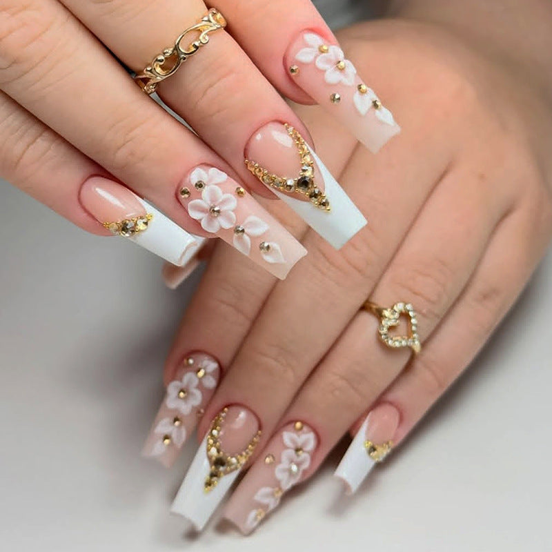 Premium Decorative Press-On Nail Set with Floral Embellishments Acalora