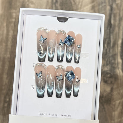 Artistic Ombre Press-On Nail Art Set with Butterfly and Gemstone Accents Acalora