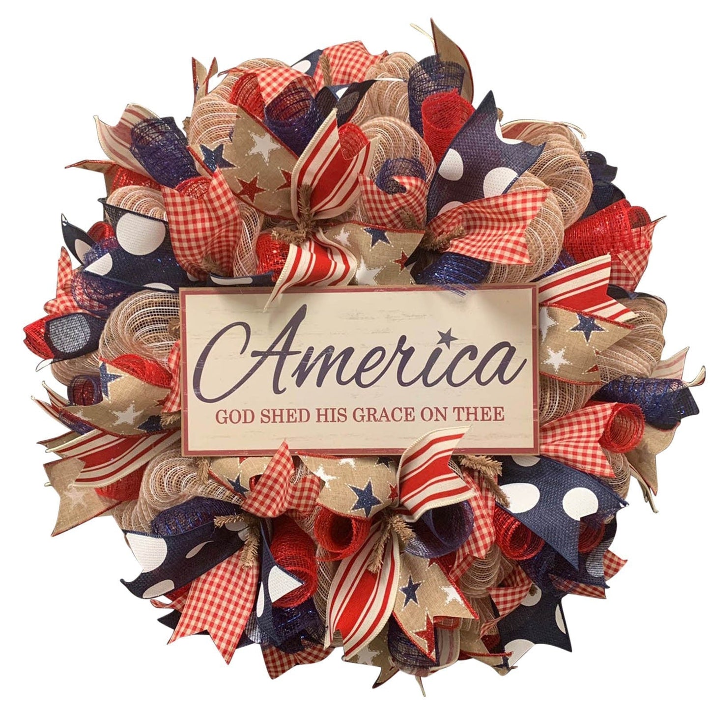 Unisex nan handcrafted Americana medallion wreath with layered deco mesh ribbons star motif bows and rustic sign Bowlift