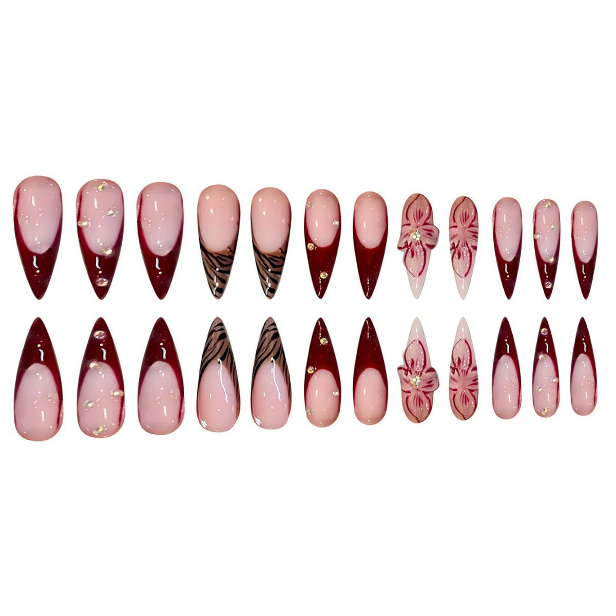 Elegant Stiletto Press-On Nail Art Set with Floral and Geometric Designs Acalora