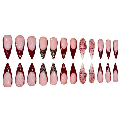 Elegant Stiletto Press-On Nail Art Set with Floral and Geometric Designs Acalora
