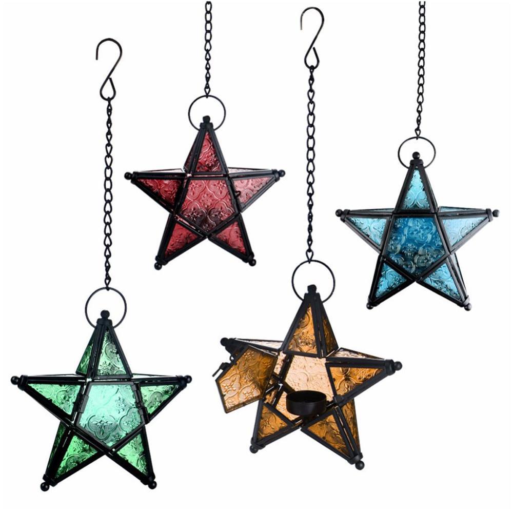 Moroccan-Inspired Stained Glass Star Hanging Lanterns with Embossed Panels Acalora