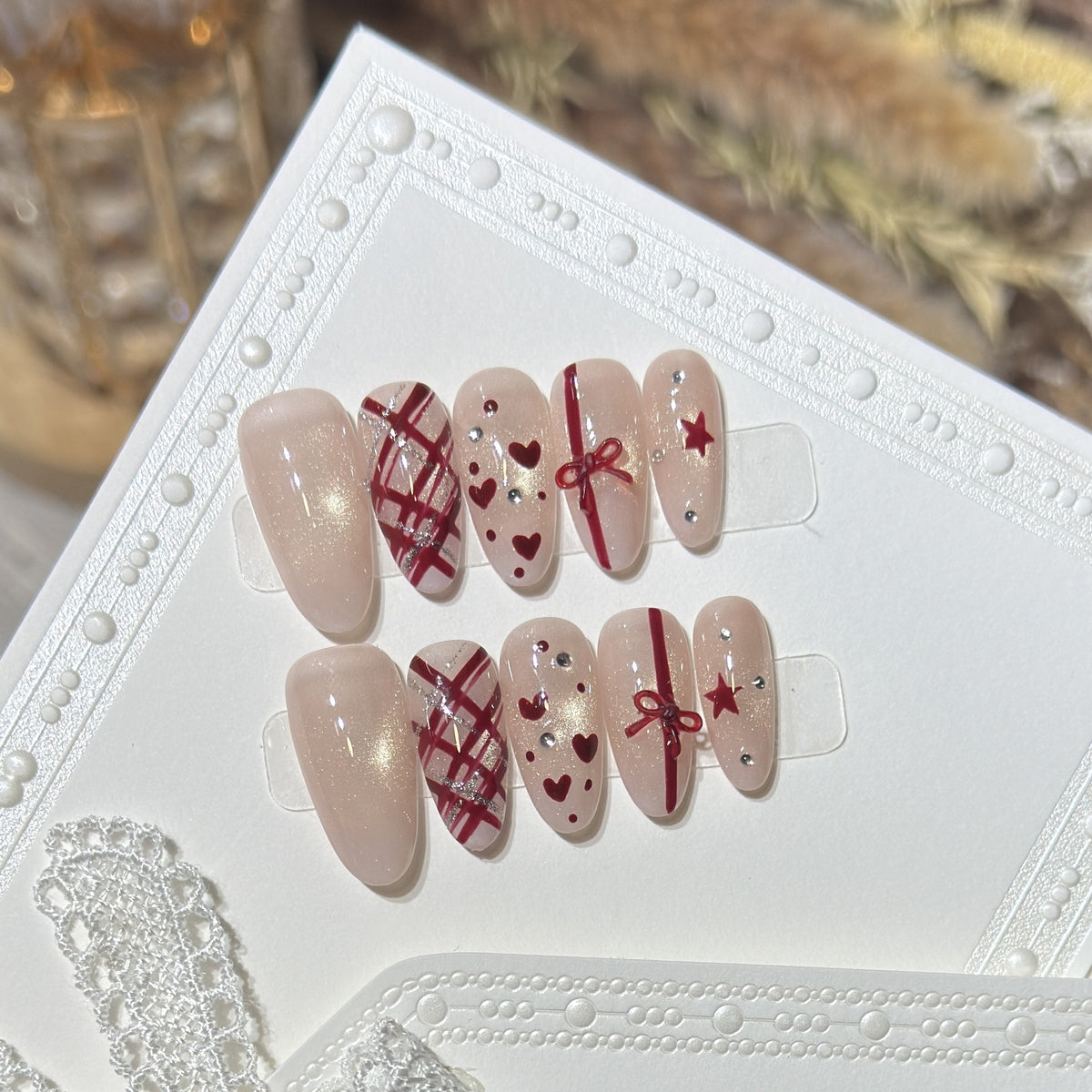 Romantic Themed Press-On Nail Set with Heart and Bow Accents Acalora