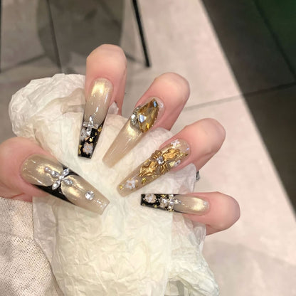 Elegant Decorative Press-On Nail Art Set with Rhinestone and Floral Accents Acalora