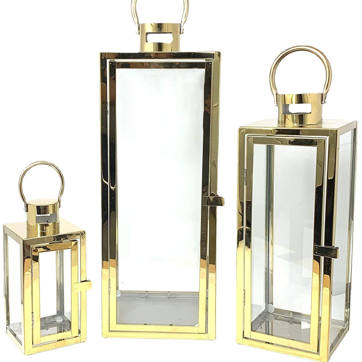 Stainless-Steel Glass Panel Rectangular Lanterns with Ring Handles and Hinged Door Acalora