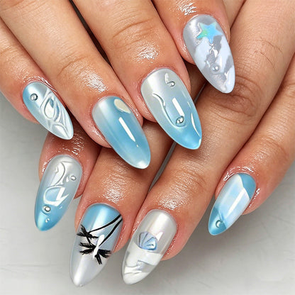 Acrylic nail set with elegant water and marine motifs Acalora
