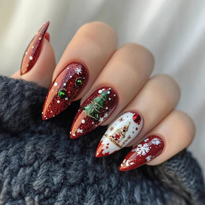 Artificial nails with festive Christmas design and glitter accents Acalora
