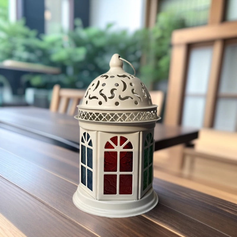 Ornate Metal Stained-Glass Tea Light Lantern Acalora