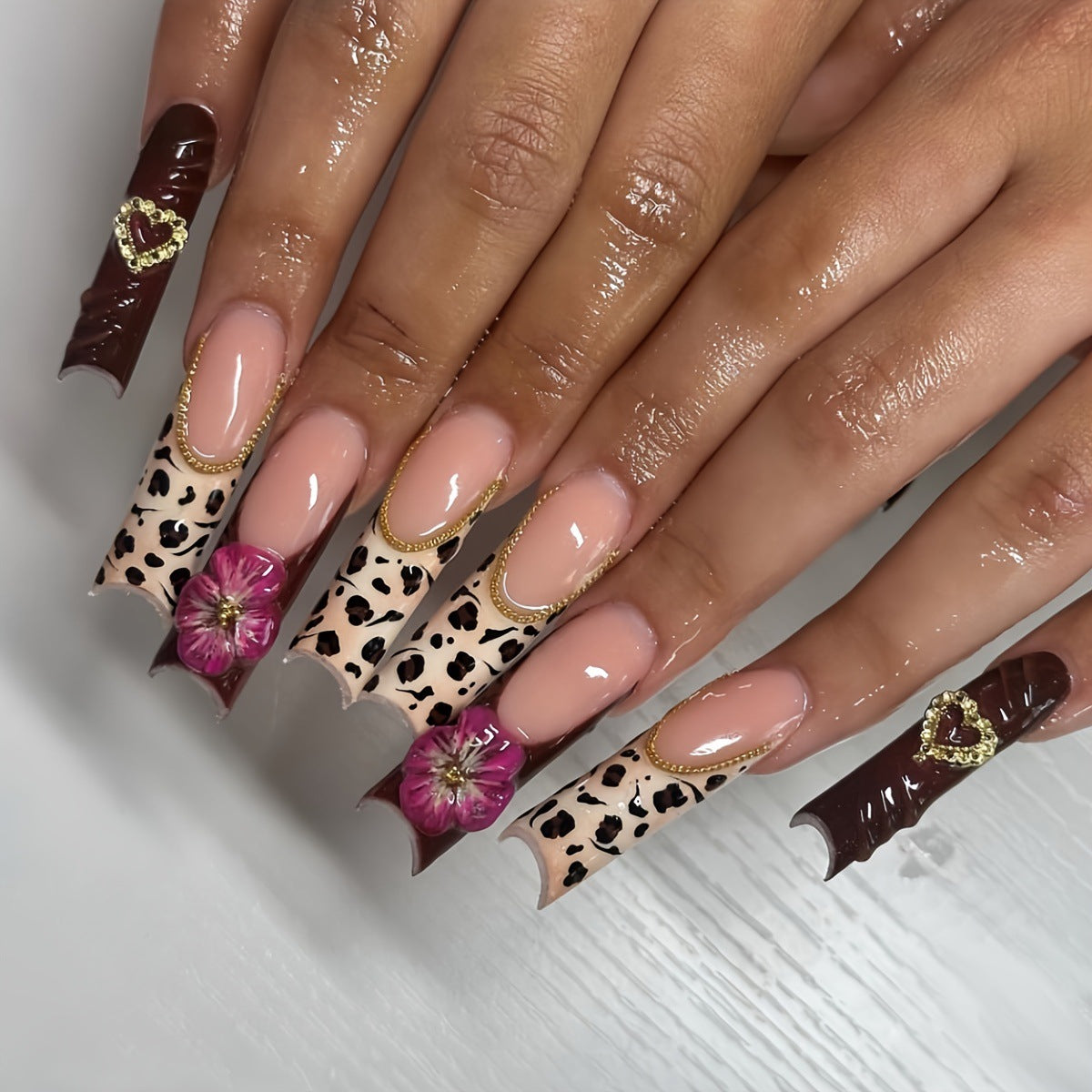 Decorative Long Acrylic Press-On Nail Art with Floral and Leopard Designs Acalora