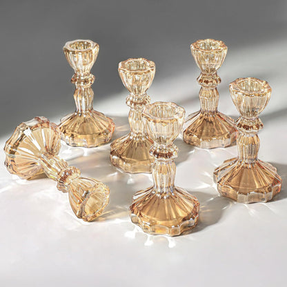 Crystal-cut Glass Candlestick Holder with Ribbed Stem Acalora