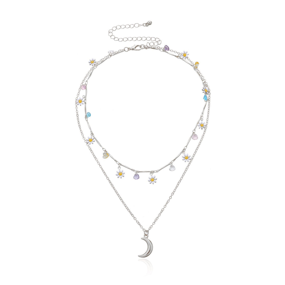 Layered Moon and Daisy Pendant Necklace Acalora