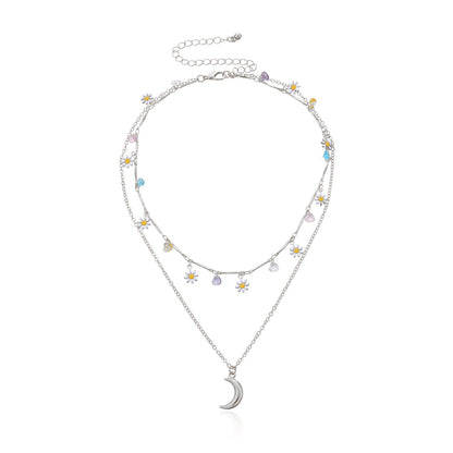 Layered Moon and Daisy Pendant Necklace Acalora