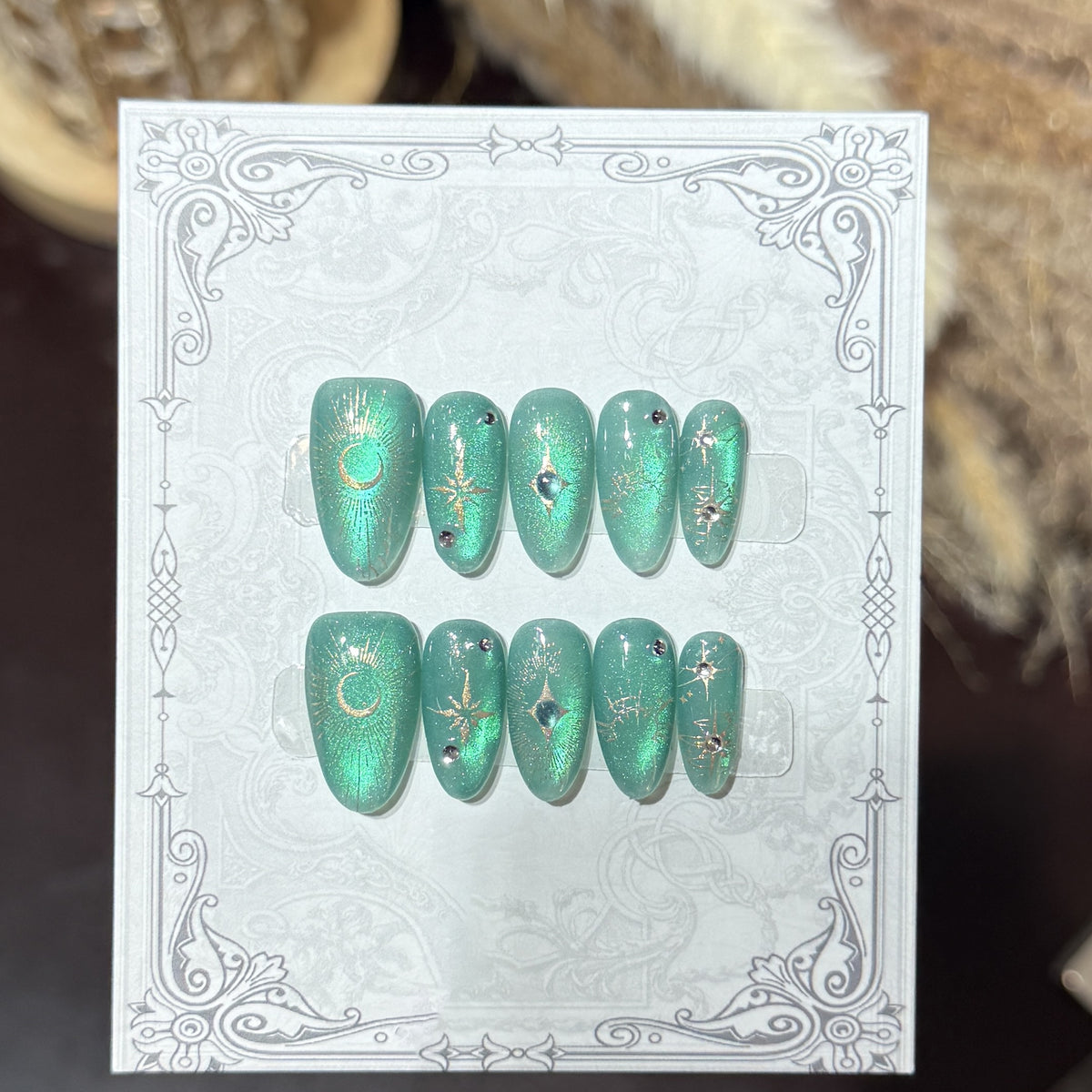 Decorative Press-On Nail Set with Celestial Accents Acalora