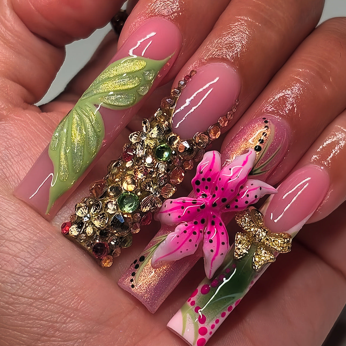 3D Floral Gemstone Press-On Nail Art Acalora