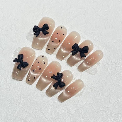 Stylish Long Press-On Nail Set with Bow Accents Acalora