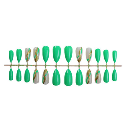 Artistic Press-On Nail Set with Eye-Catching Green Patterns Acalora