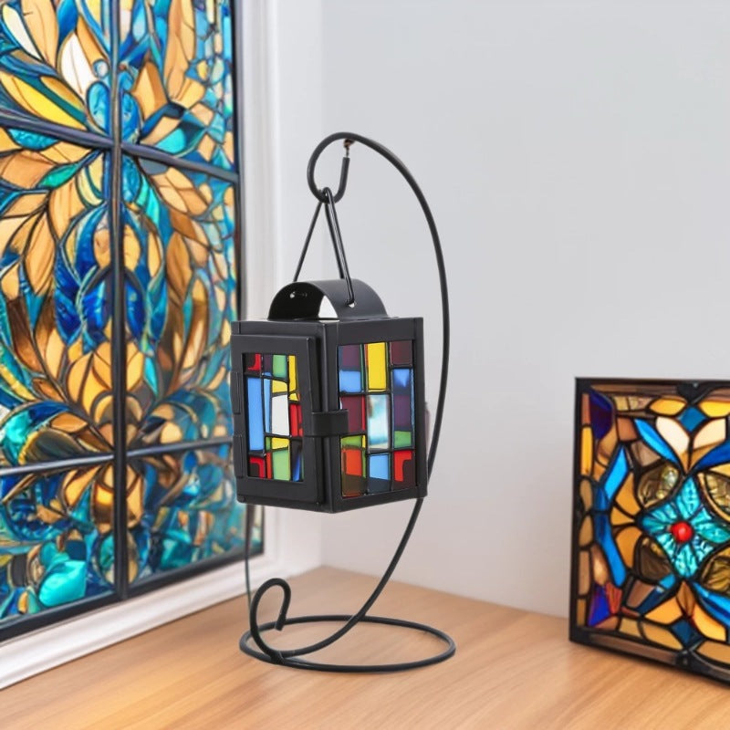 Stained Glass Mosaic Hanging Tealight Lantern with Metal Frame Acalora