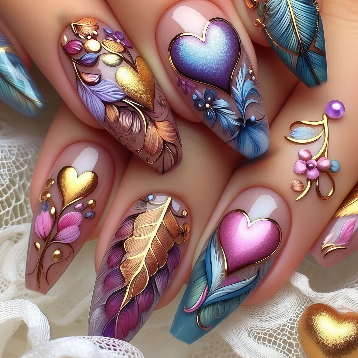 Artificial nails with romantic heart and flower designs Acalora