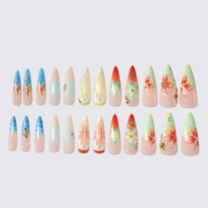 Artistic Floral and Ocean-Themed Press-On Nail Art Set Acalora