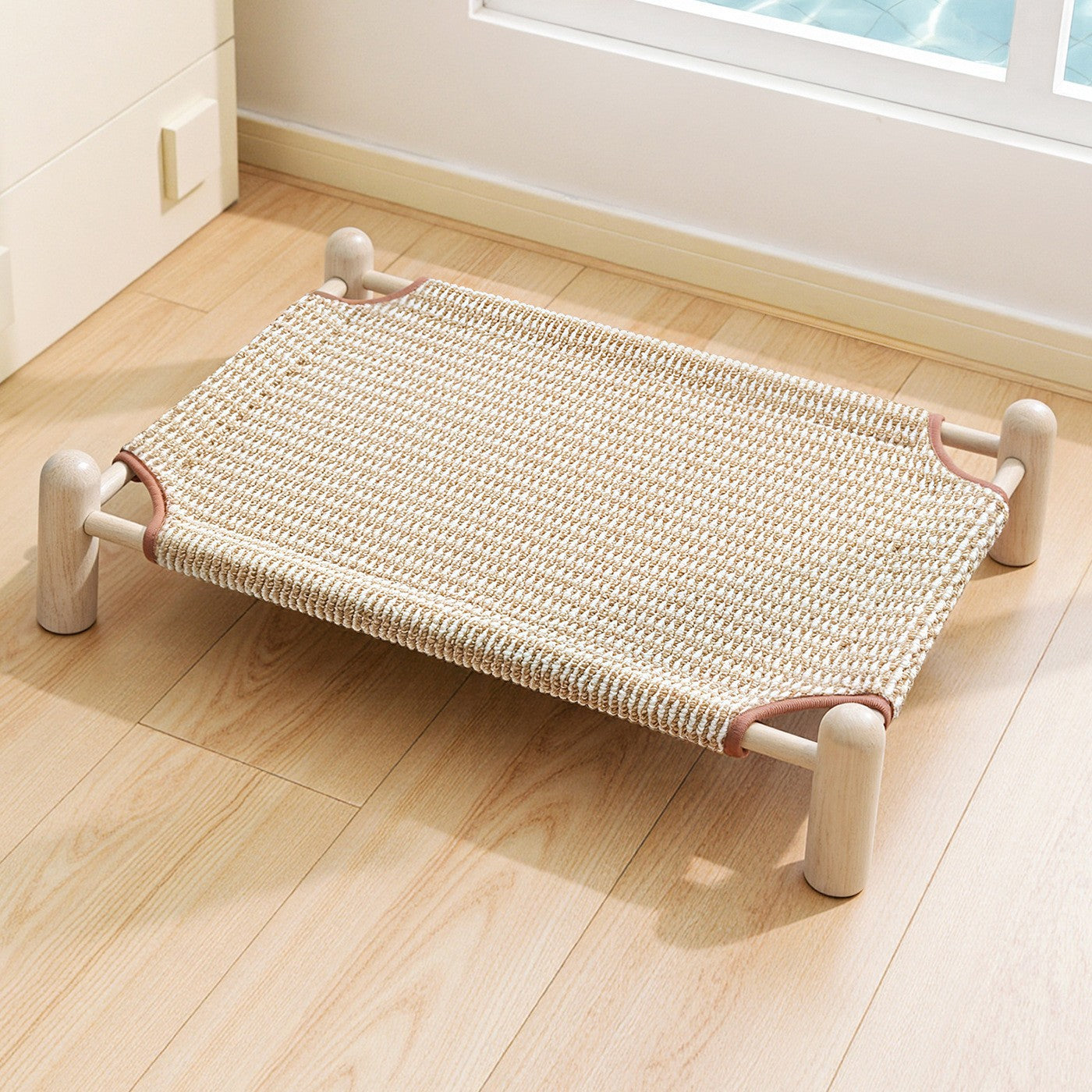 Unisex nan raised wooden pet bed with breathable, woven cover Bowlift