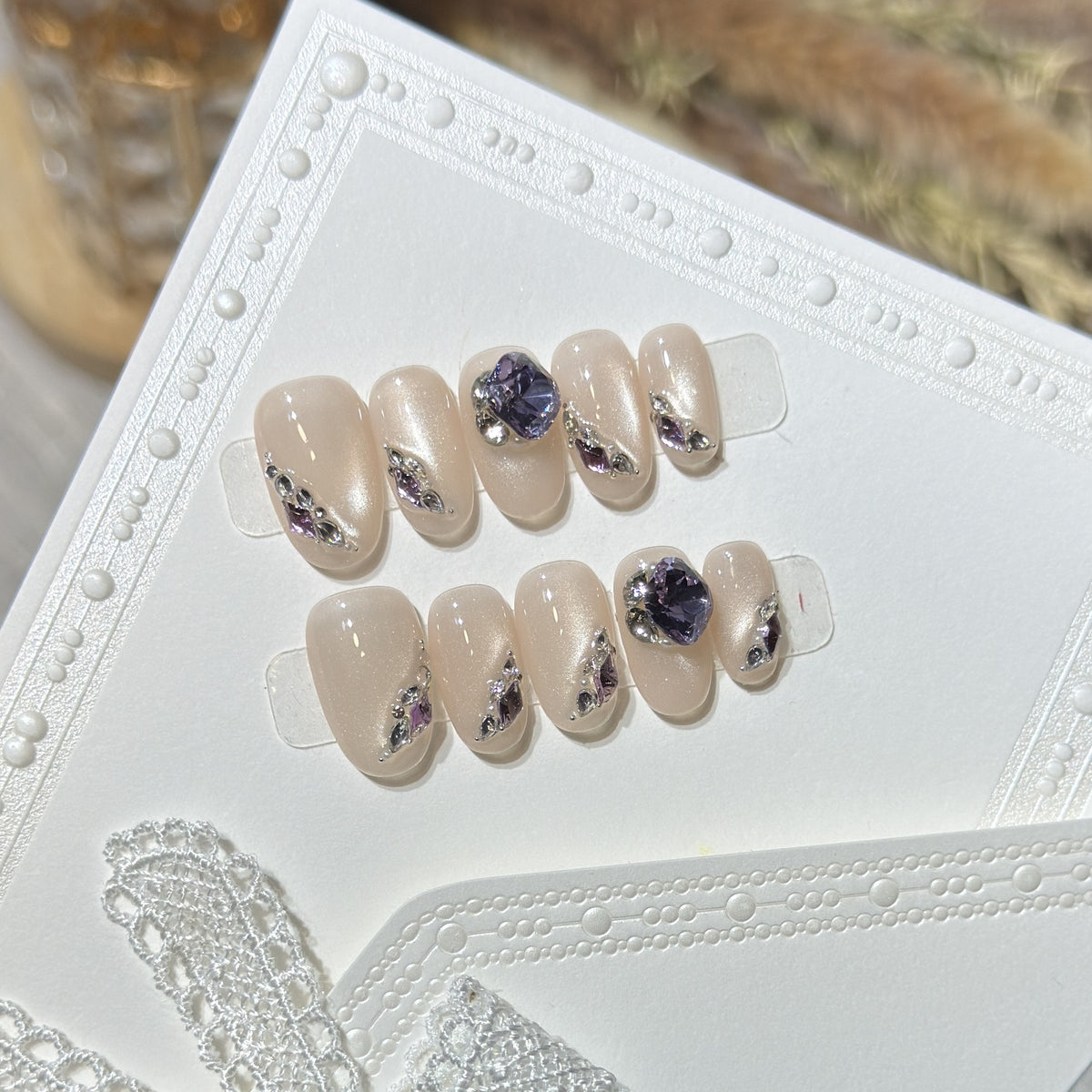 Elegant Press-On Nail Set with Gemstone Accents Acalora