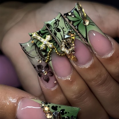 Decorative Floral Press-On Nails with Gem Accents Acalora
