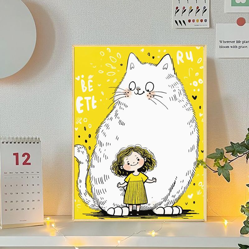 Playful Cat and Girl Illustration Canvas Art
