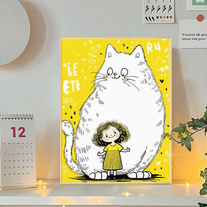 Playful Cat and Girl Illustration Canvas Art