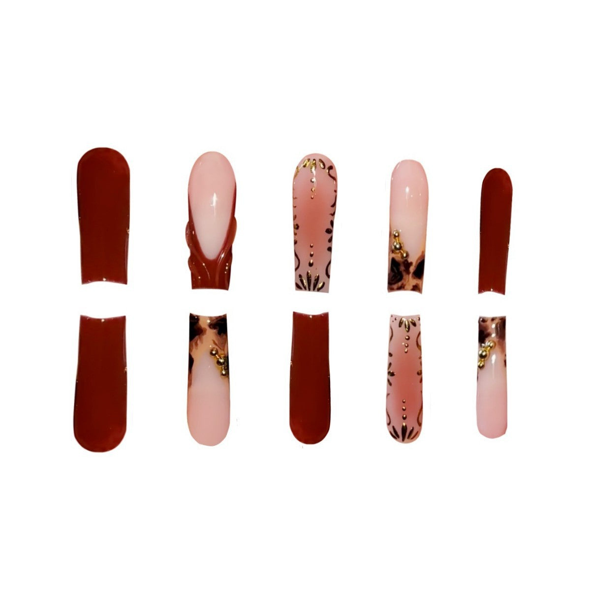 Artistic Long Press-On Nails with Elegant Gold Accents Acalora