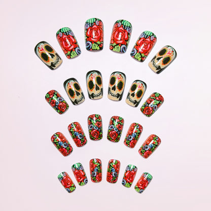 Artistic Skull and Rose Design Nail Art Acalora