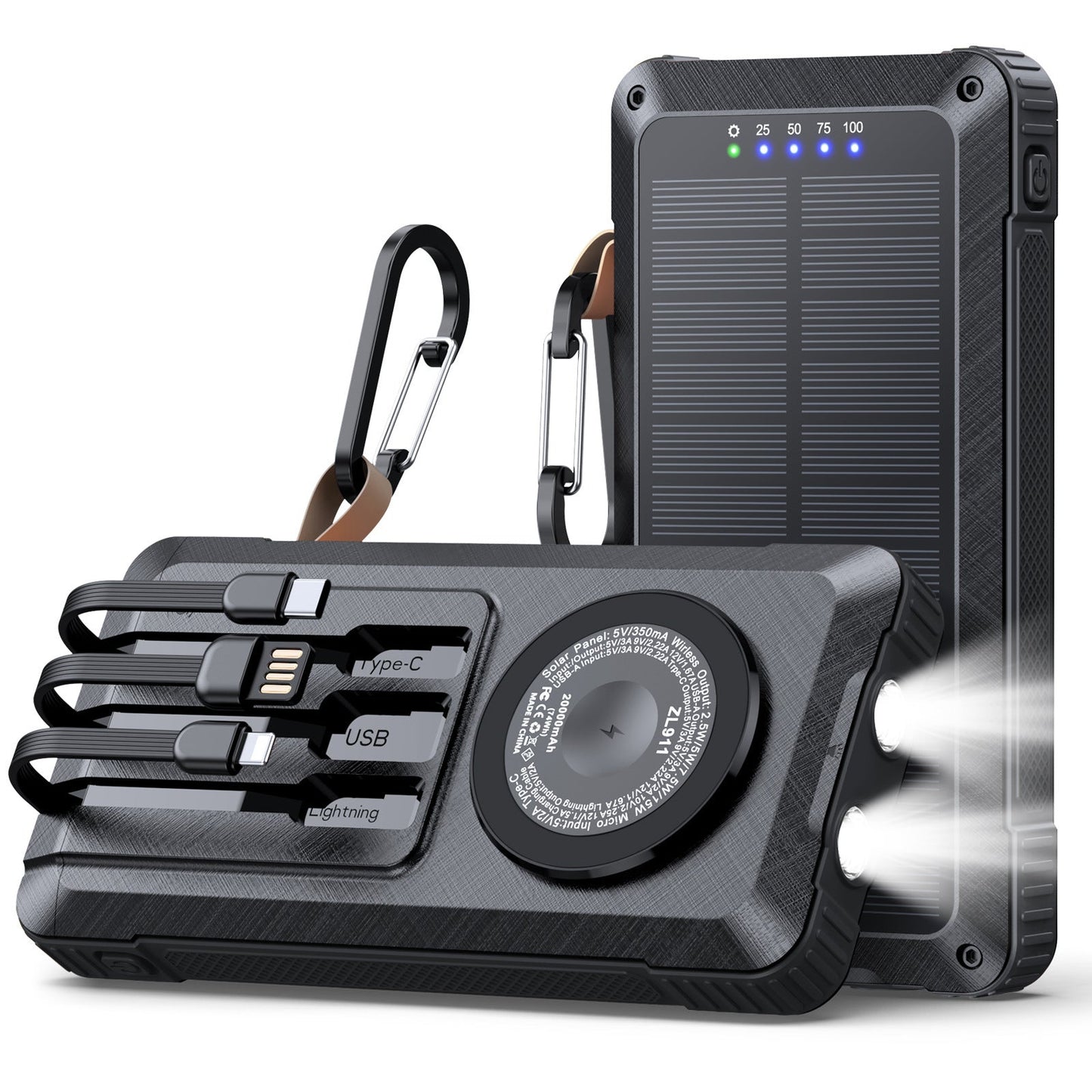 Solar Powerbank with Multifunctional LED Light and Integrated Charging Cable Bowlift