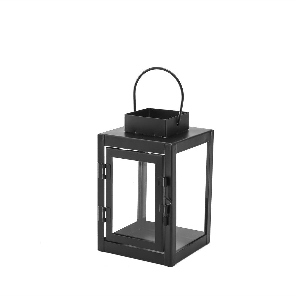 Square Metal and Glass Tealight Lantern with Front Door and Carry Handle Acalora