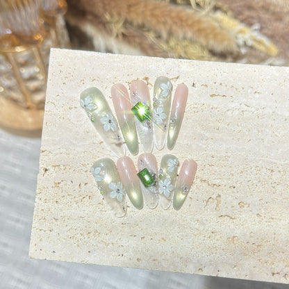 Floral Gemstone Stiletto Nail Set Acalora