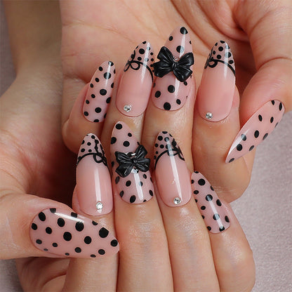 Artistic Press-On Nail Set with Polka Dot and Bow Designs Acalora