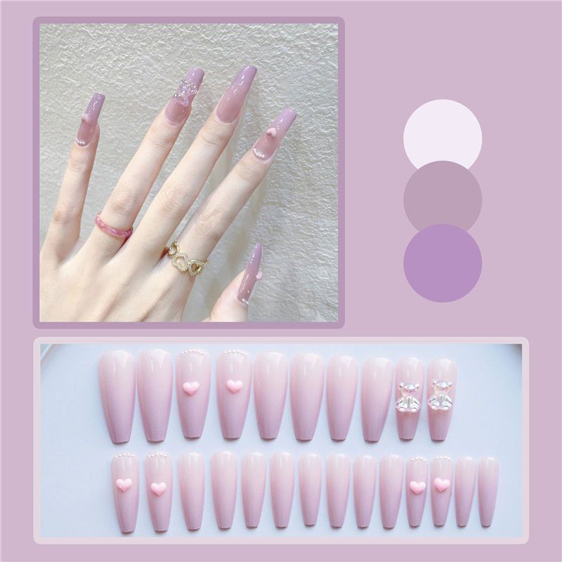 Decorative Press-On Nail Set with Heart and Bow Accents Acalora