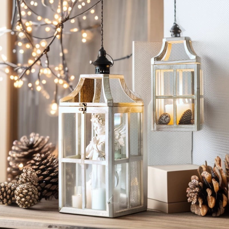 Rustic Windowpane Glass and Wood Candle Lantern with Hinged Door Acalora
