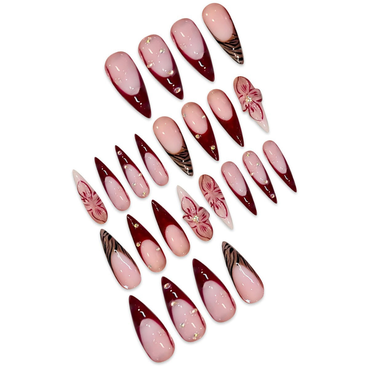 Elegant Stiletto Press-On Nail Art Set with Floral and Geometric Designs Acalora