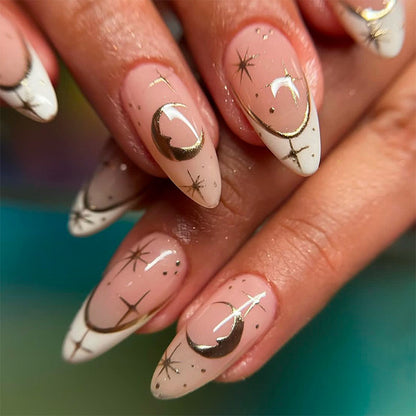 Artistic Press-On Nail Set with Geometric Moon and Star Designs Acalora