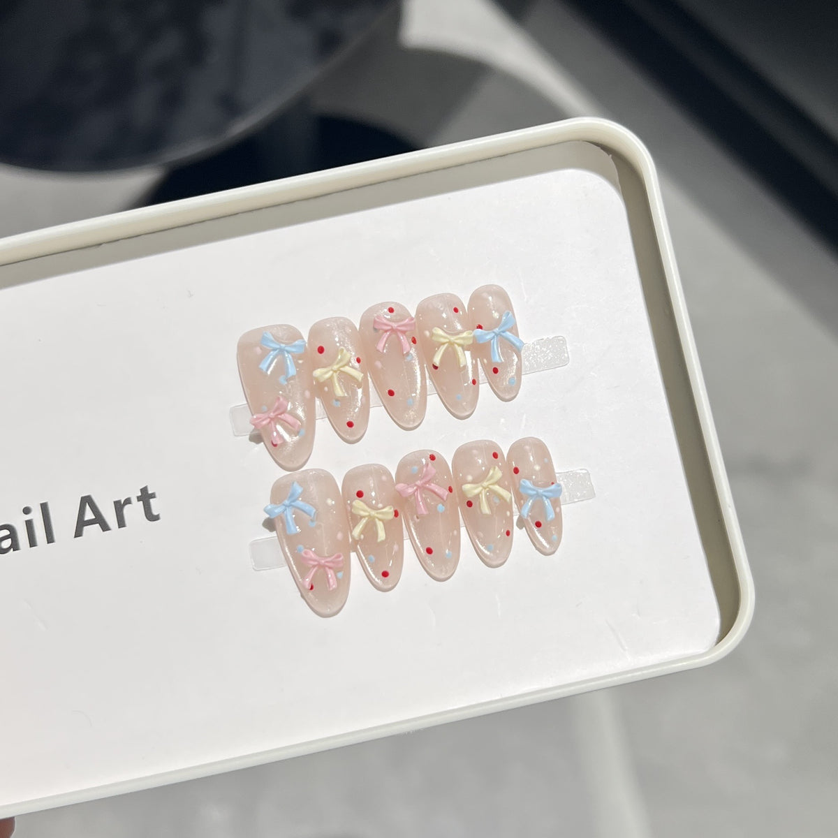 Decorative Press-On Nail Set with Charming Bow and Dots Acalora