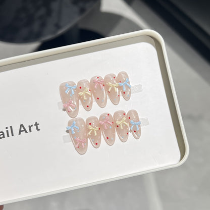 Decorative Press-On Nail Set with Charming Bow and Dots Acalora