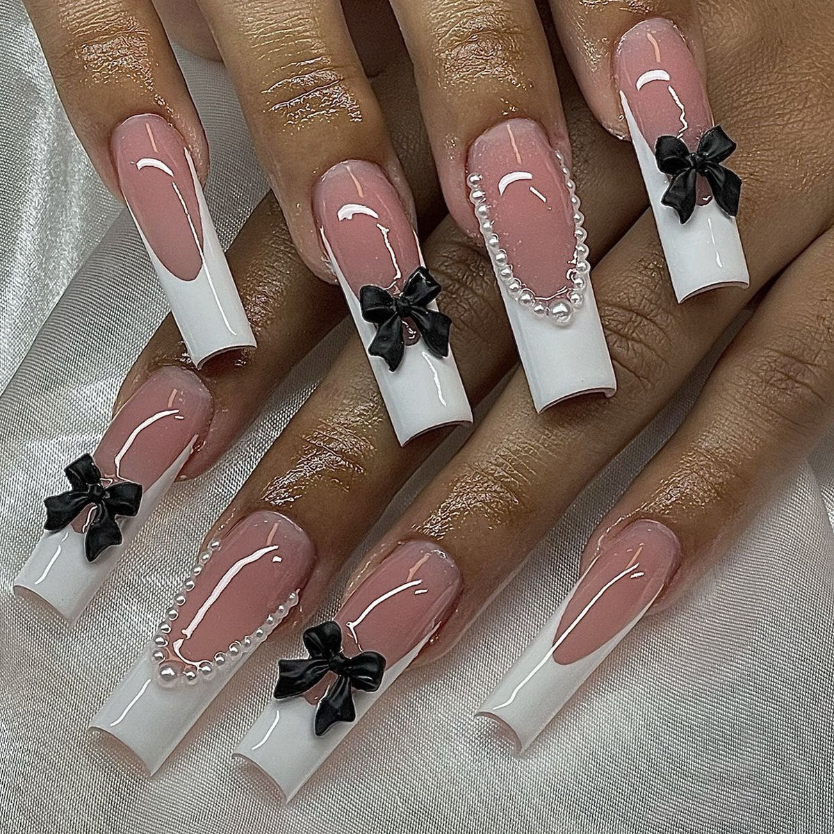 Elegant Press-On Nail Art Set with Pearl and Bow Accents Acalora