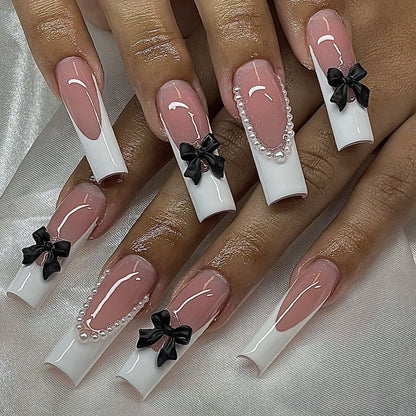 Elegant Press-On Nail Art Set with Pearl and Bow Accents Acalora