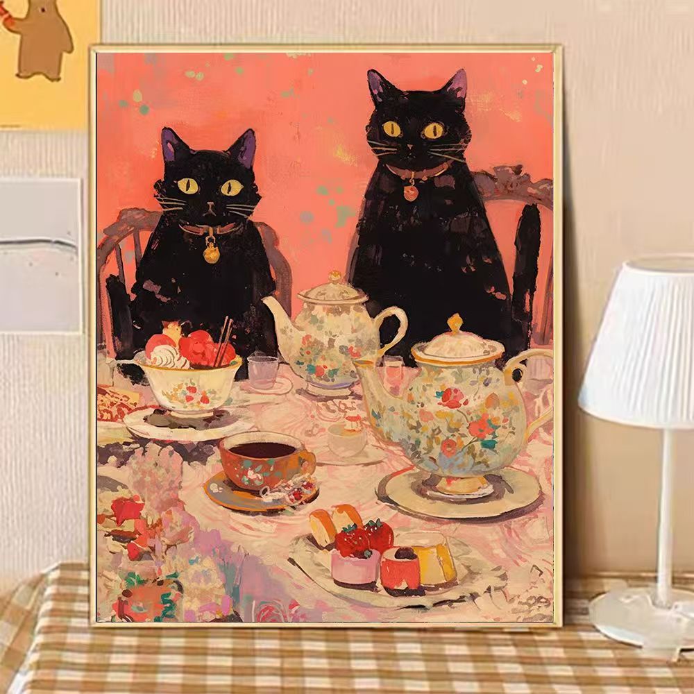 Whimsical Cat-Themed Afternoon Tea Canvas Art