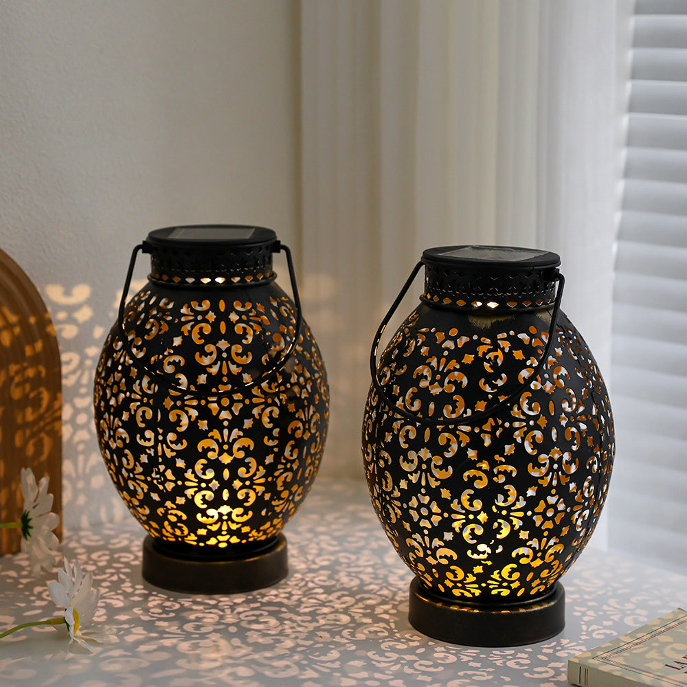 Moroccan-Style Cutwork Metal Candle Lantern with Hanging Handle Acalora