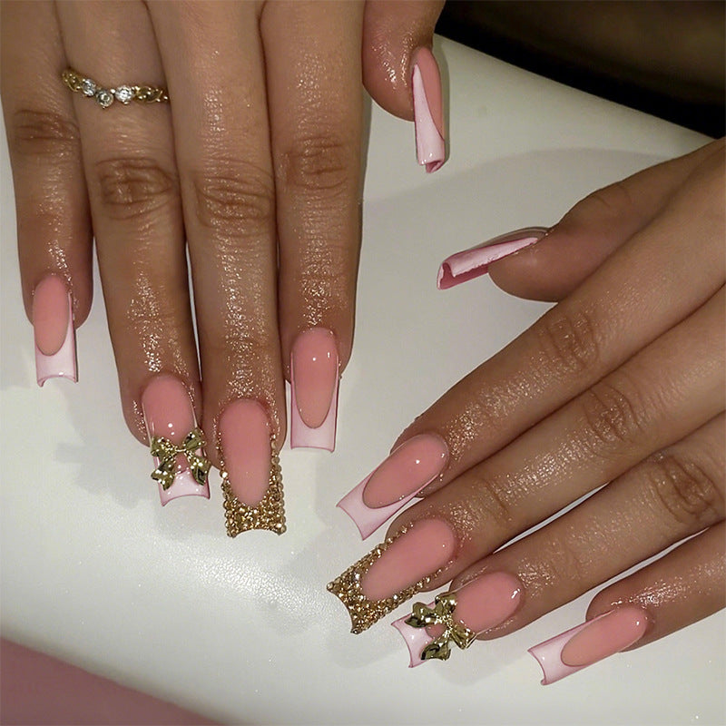 Decorative Press-On Nail Art Set with Elegant Bow and Gem Accents Acalora