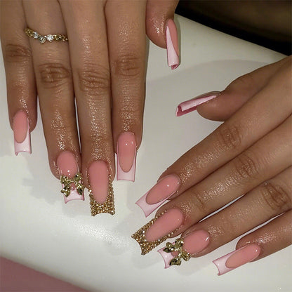 Decorative Press-On Nail Art Set with Elegant Bow and Gem Accents Acalora