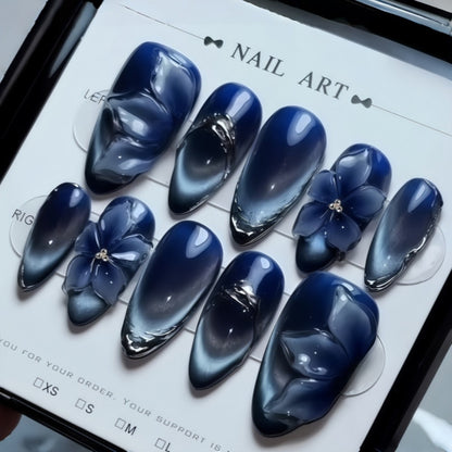 Acrylic Nail Set with Elegant Blue Ombre and Floral Design Acalora